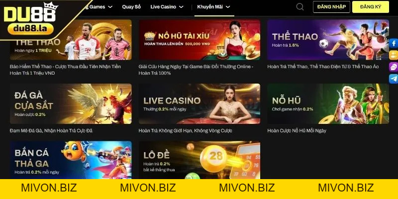 Khuyến Mãi Hoàn Trả - Thưởng Không Giới Hạn Mỗi Ngày Tại DU88 - mivon